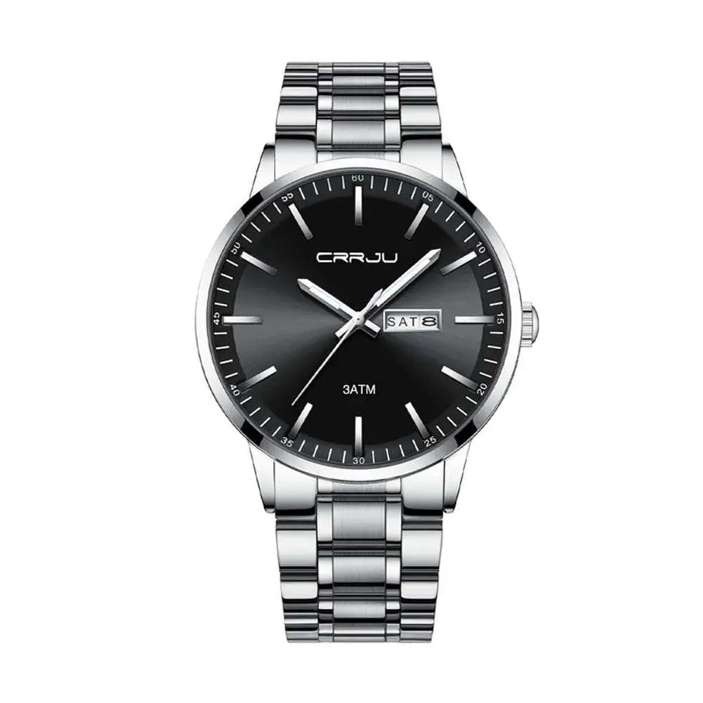 CRRJU 2193 High Qualityy Stainless Steel Sport and Casual Fashion Men's Watch – Dial Color: Black, Strap Color: Silver – View 1