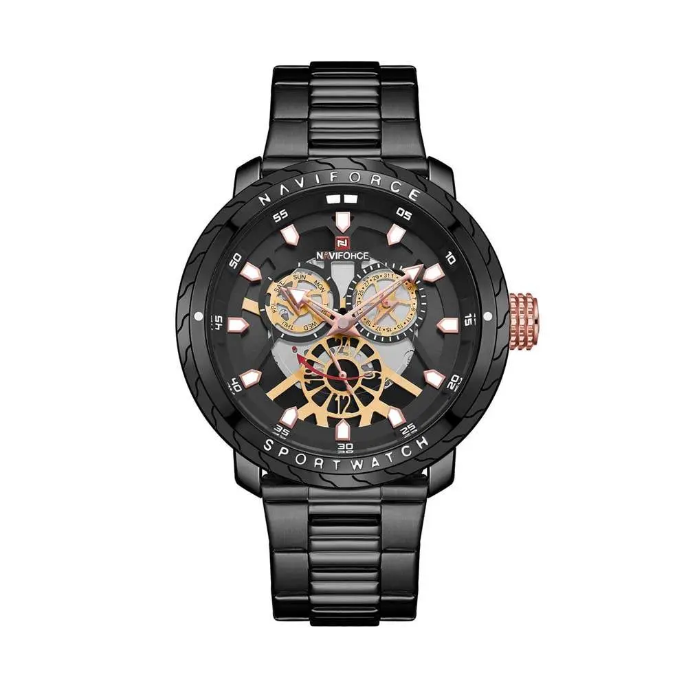 Naviforce NF9158 Luxury Stainless Steel Multifunctional Quartz Men's Watch – Dial Color: Black, Strap Color: Black – View 1