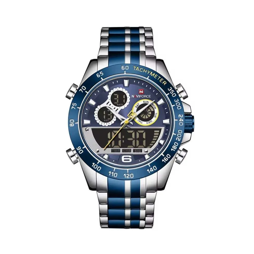 Naviforce NF9188 Luxury Stainless Steel Strap Analog Digital Sports Men's Watch – Dial Color: Blue, Strap Color: Silver – View 1
