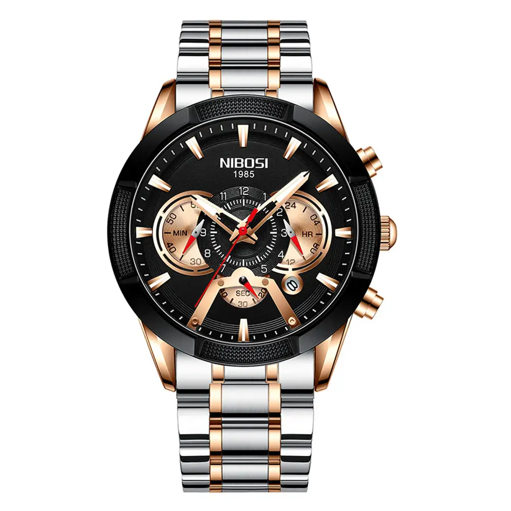 Nibosi 2379 Luxury Stainless Steel Chronograph Men's watch – Dial Color: Black Gold, Strap Color: Silver – View 1