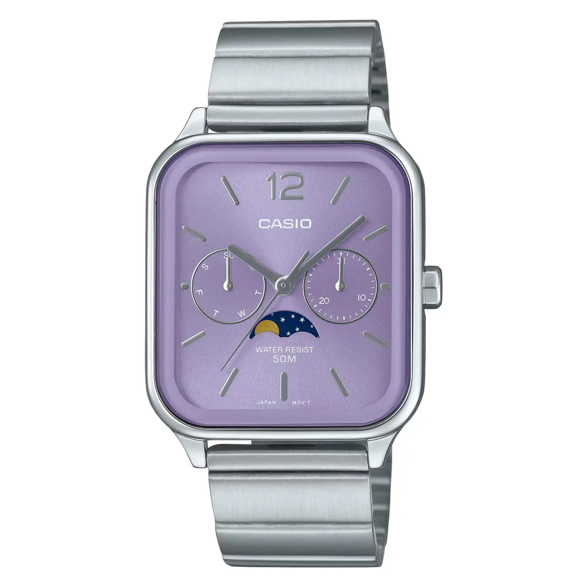 CASIO MTP-M305D-1AVDF Moon Chaser Silver Stainless Steel Chain Unisex Analog Watch – Dial Color: Purple, Strap Color: Silver – View 1