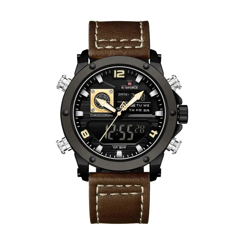Naviforce NF9236 Military Style Comfortable Leather Strap Dual Movement Sports Men’s Watch – Dial Color: Yellow, Strap Color:  Brown  – View 1