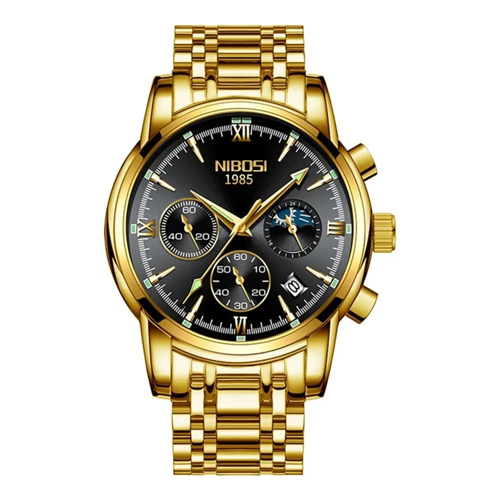 Nibosi 2516 High Quality Stainless Steel Luminous Men's Watch – Dial Color: Black, Strap Color: Gold  – View 1