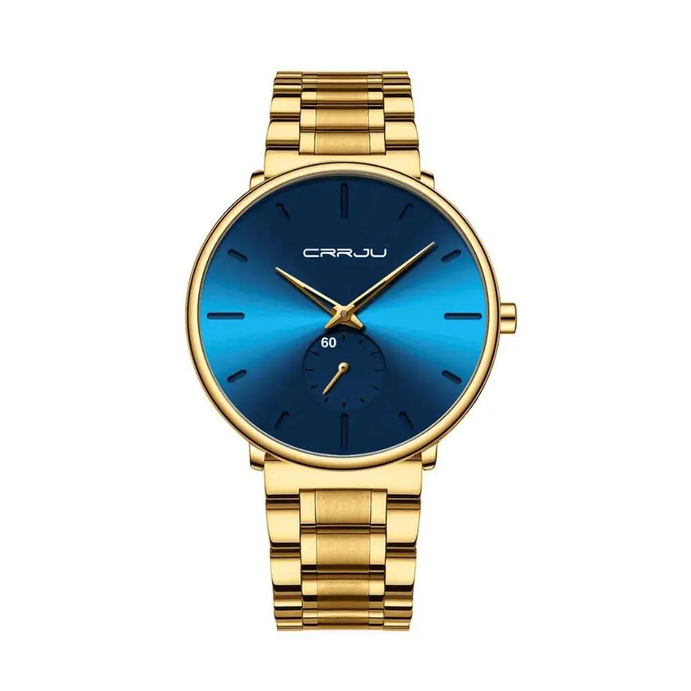 CRRJU 2150 Luxury Stainless Steel Slim Mesh Band Casual Men’s Watch – Dial Color: Blue, Strap Color: Gold  – View 1