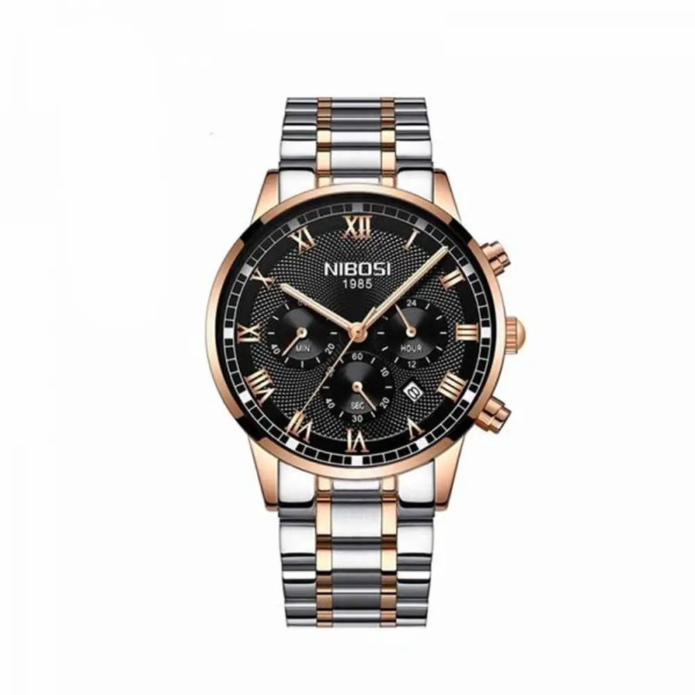Nibosi 2339 Luxury Stainless Steel Casual Fashion Men's Watch – Dial Color: Black, Strap Color: Silver – View 1