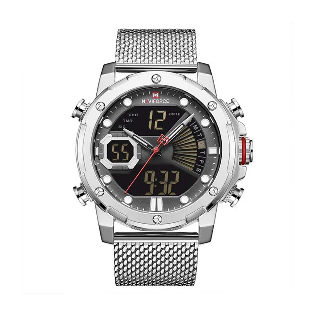 Naviforce NF9172 Stainless Steel Dual Movement Fashion and Casual Men's Watch – Dial Color: Black Gold, Strap Color: Gold  – View 1