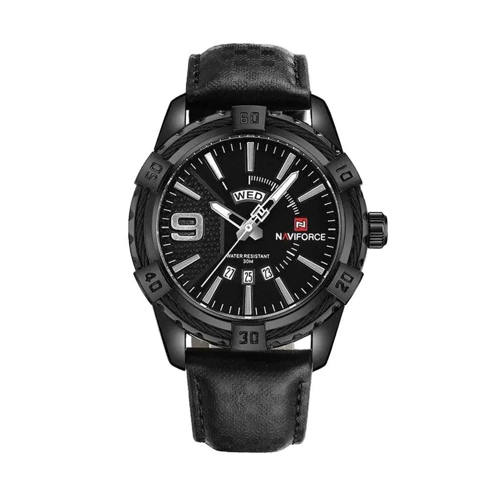 Naviforce NF9117L Comfortable Leather Strap Luxury Fashion and Sports Men's Watch – Dial Color: White, Strap Color: Black – View 1