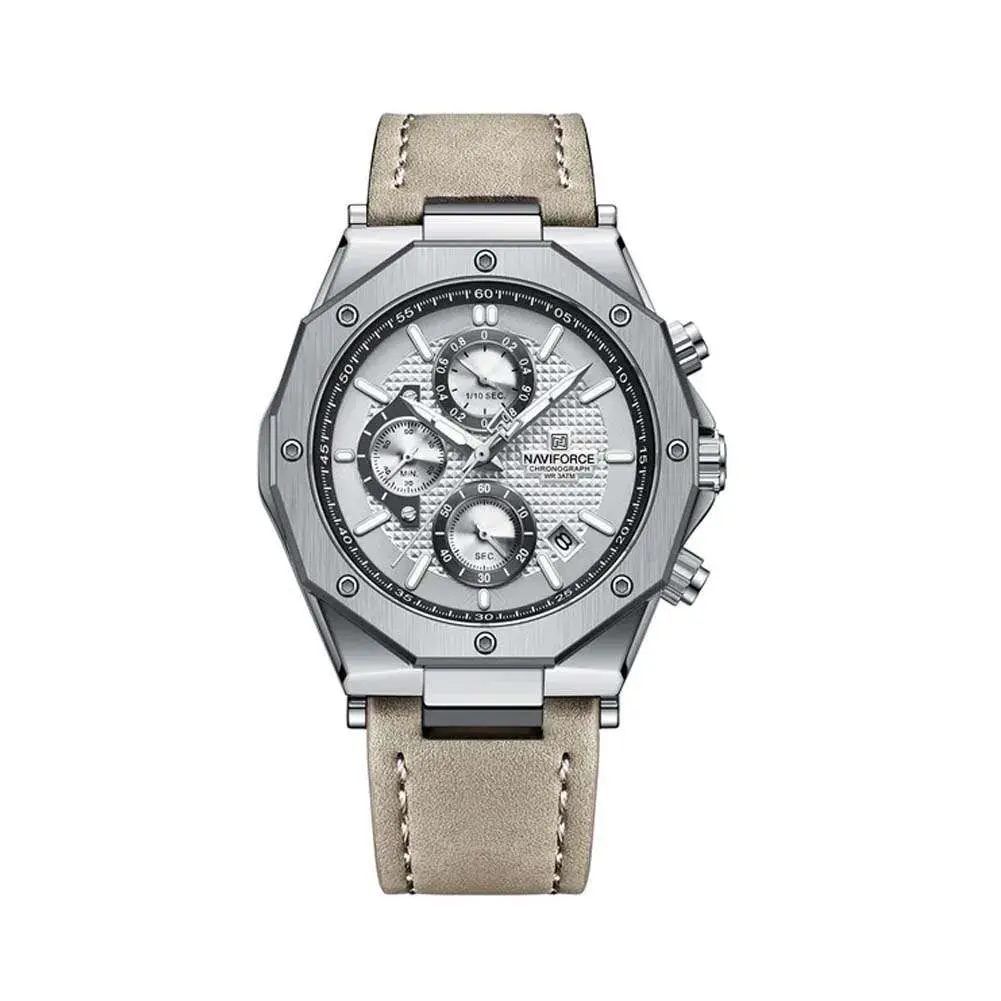 Naviforce NF8028 Luxury Genuine Leather Straps Chronograph Sports Men's Watch – Dial Color: Silver, Strap Color: Grey – View 1