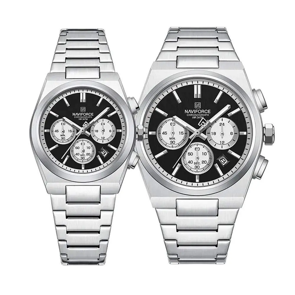 Naviforce NF8048 High Quality Stainless Steel Chronograph Classic Stylish Couple's Watch – Dial Color: Black, Strap Color: Silver – View 1