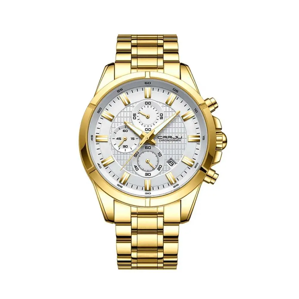CRRJU 2308 Luxury Redefined Stainless Steel Analog Quartz Men's Watch – Dial Color: Silver, Strap Color: Gold  – View 1