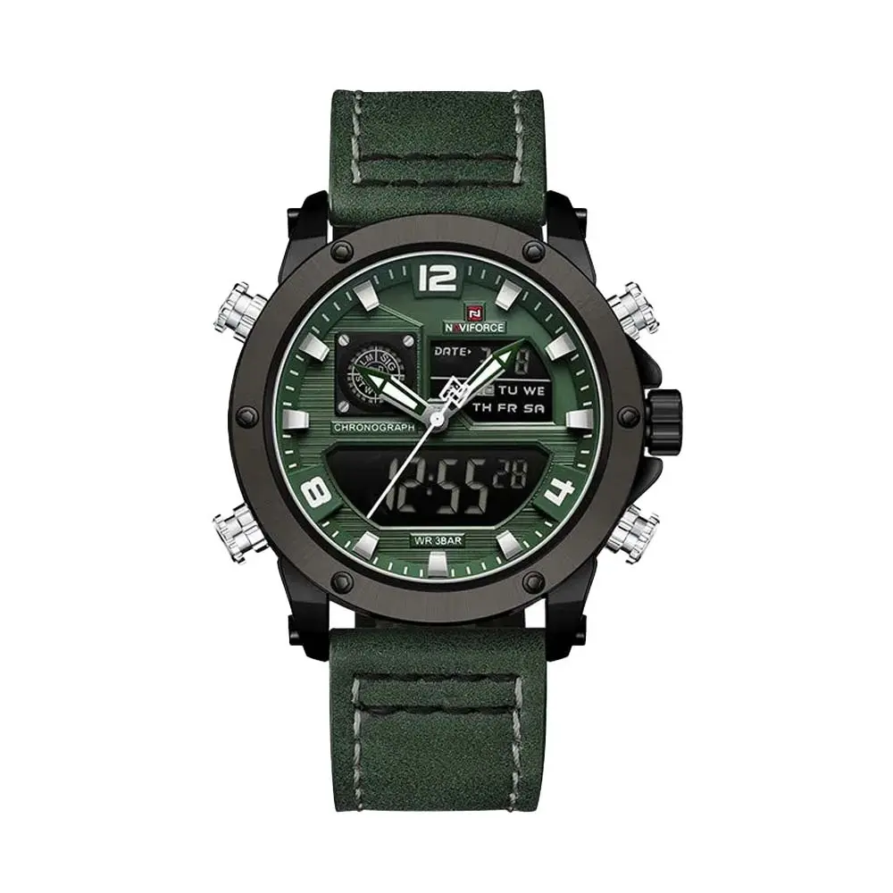 Naviforce NF9236 Military Style Comfortable Leather Strap Dual Movement Sports Men’s Watch – Dial Color: Green, Strap Color: Black – View 1