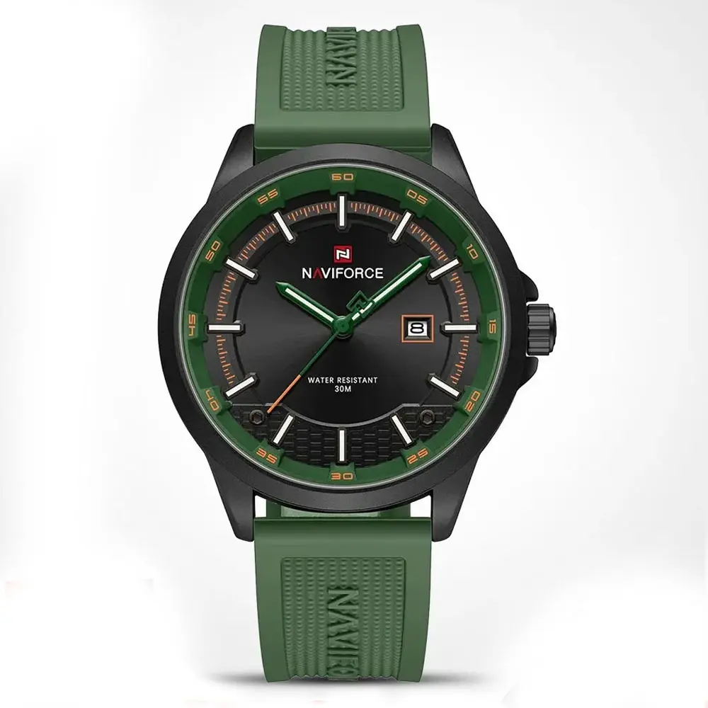 Naviforce NF9248T Waterproof Comfortable Silicone Strap Quartz Sports Men's Watch – Dial Color: Black, Strap Color: Green  – View 1