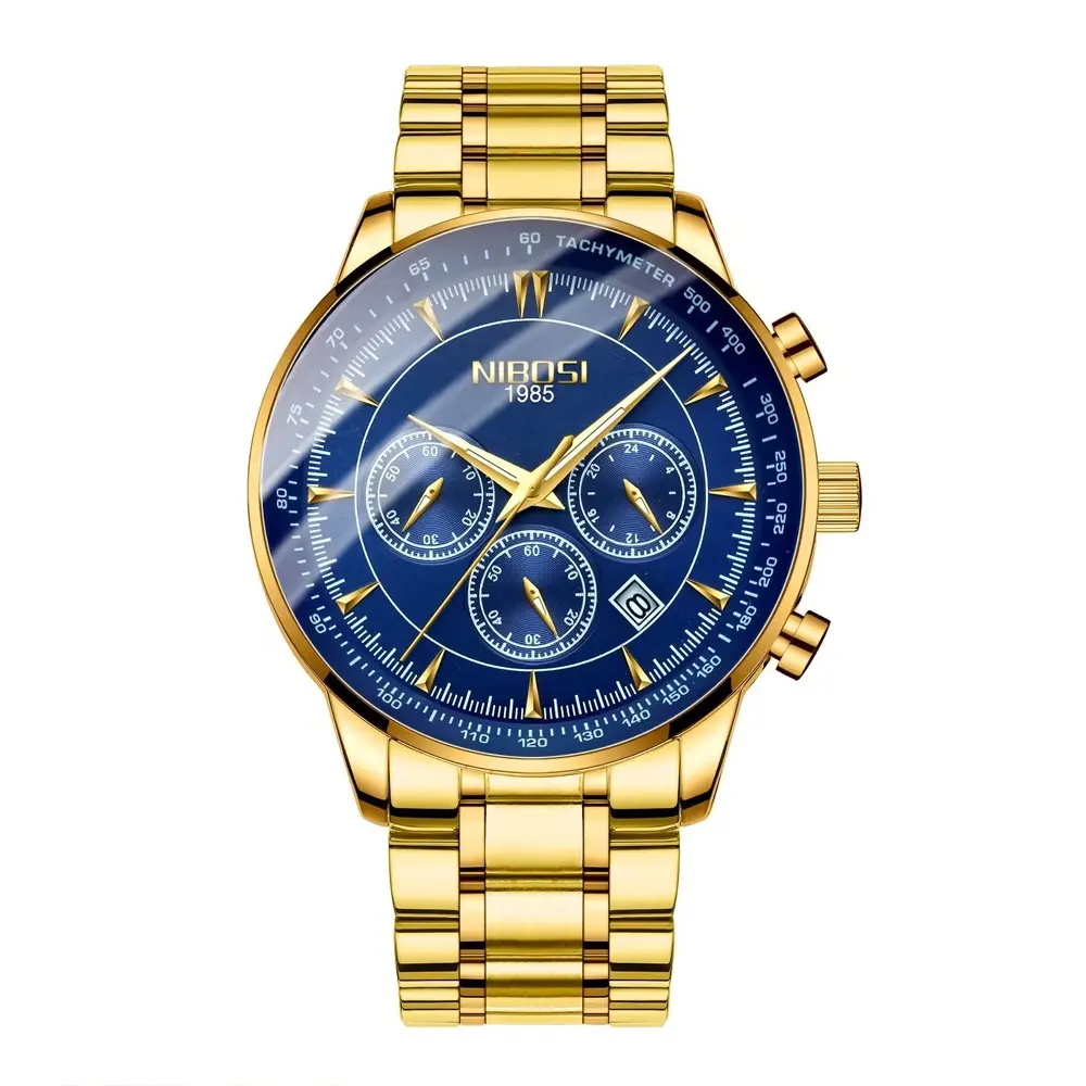 Nibosi 2351 Classic Stainless Steel Multifunctional Chronograph Analog Fashion Men's Watch – Dial Color: Blue, Strap Color: Gold – View 1