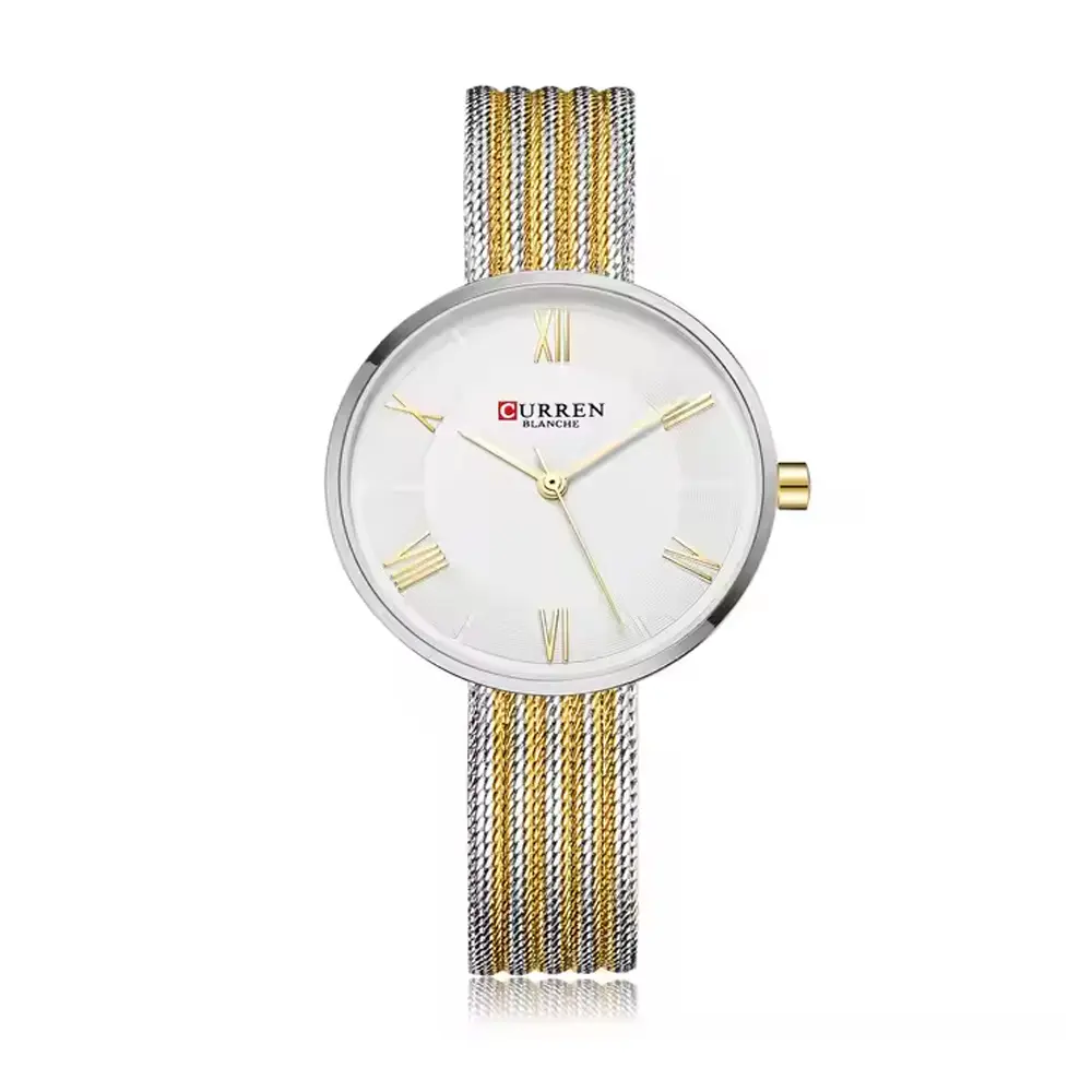 CURREN 9020 Mesh Stainless Steel Analog Watch For Women – Dial Color: White, Strap Color: Gold  – View 1