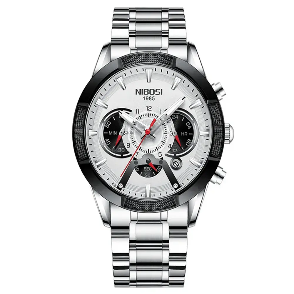 Nibosi 2379 Luxury Stainless Steel Chronograph Men's watch – Dial Color: White, Strap Color: White – View 1