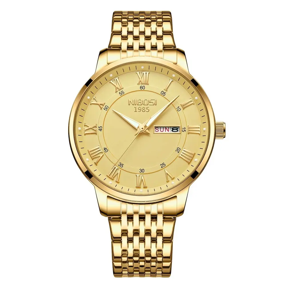Nibosi 2569 Roman Number With Stainless Steel Analog Men's Watch – Dial Color: Gold, Strap Color: Gold – View 1