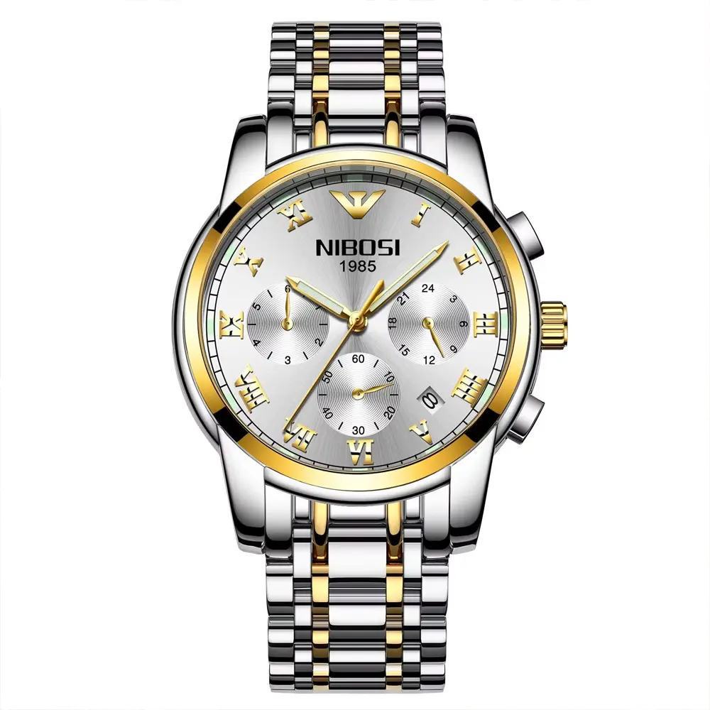 Nibosi 2301 High Quality Stainless Steel Chronograph Men's Watch – Dial Color: White Gold, Strap Color: White – View 1