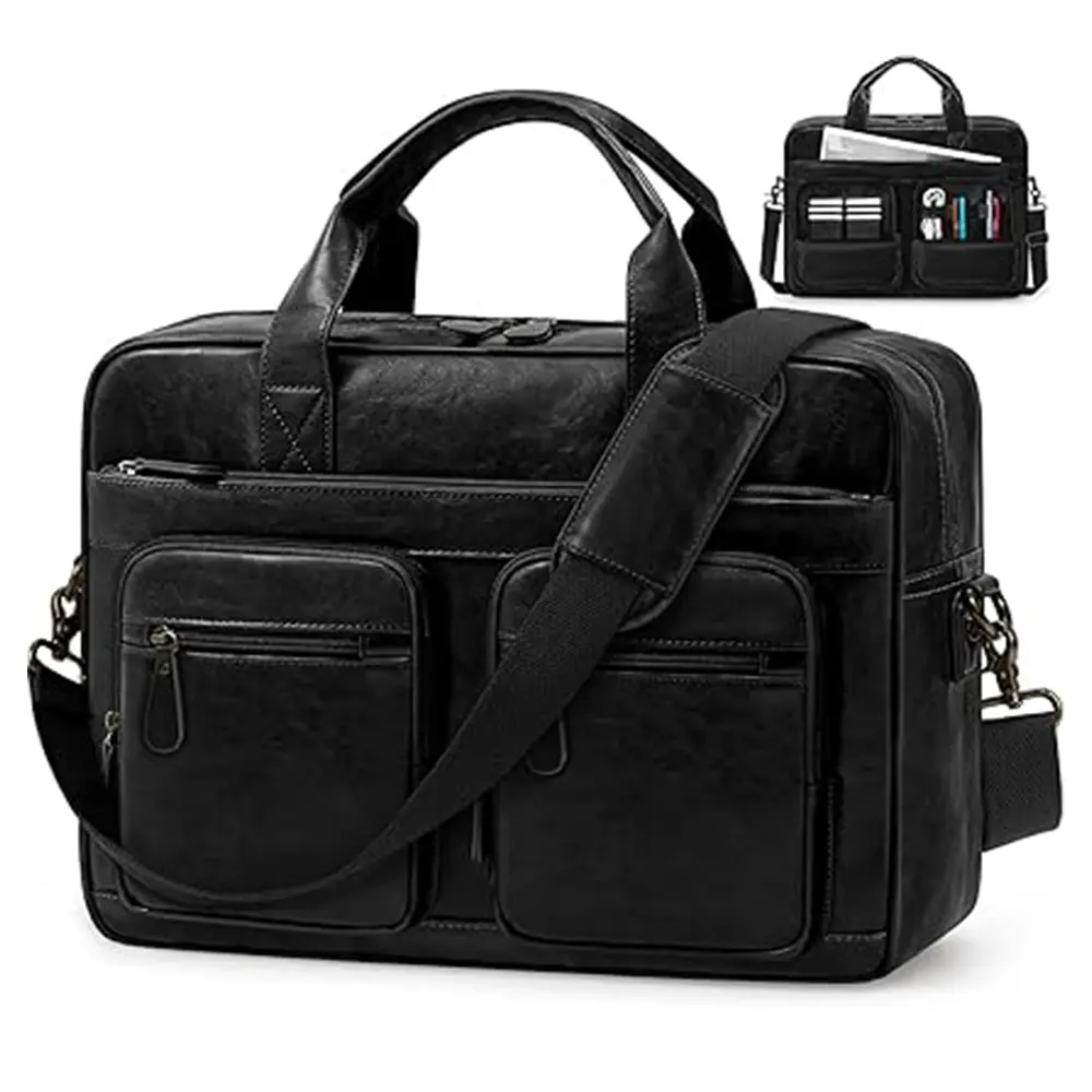 RAINSMORE 15.6 Inch Men PU Vegan Leather Waterproof Office Work Bag – Color: Black – View 1