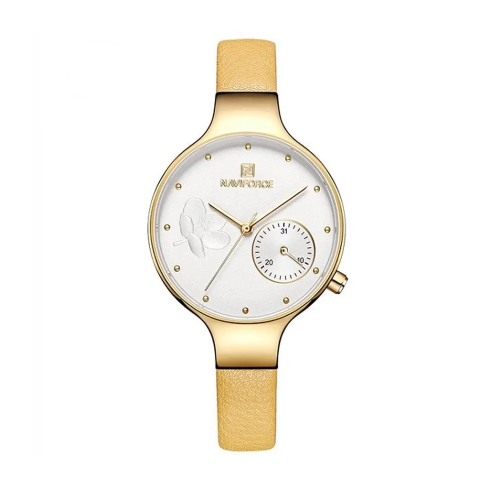 NAVIFORCE NF5001 PU Leather Sub-Dial Chronograph Watch For Women – Dial Color: White, Strap Color: Yellow – View 1