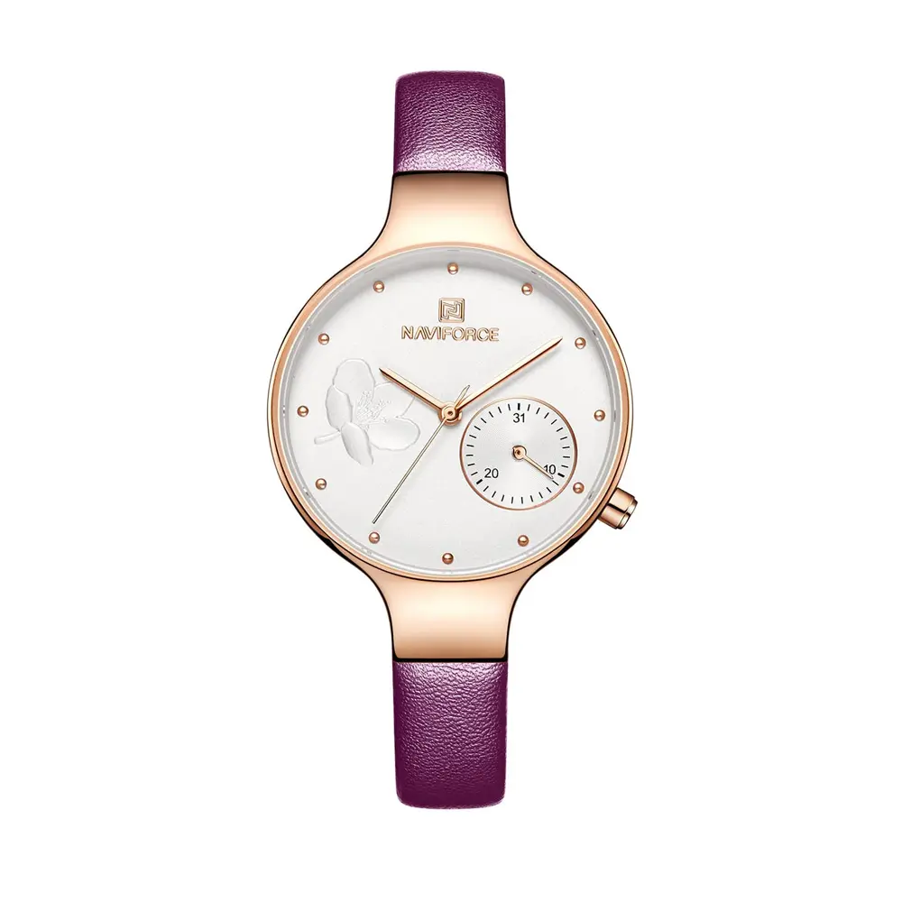 NAVIFORCE NF5001 PU Leather Sub-Dial Chronograph Watch For Women – Dial Color: White, Strap Color: Pink – View 1