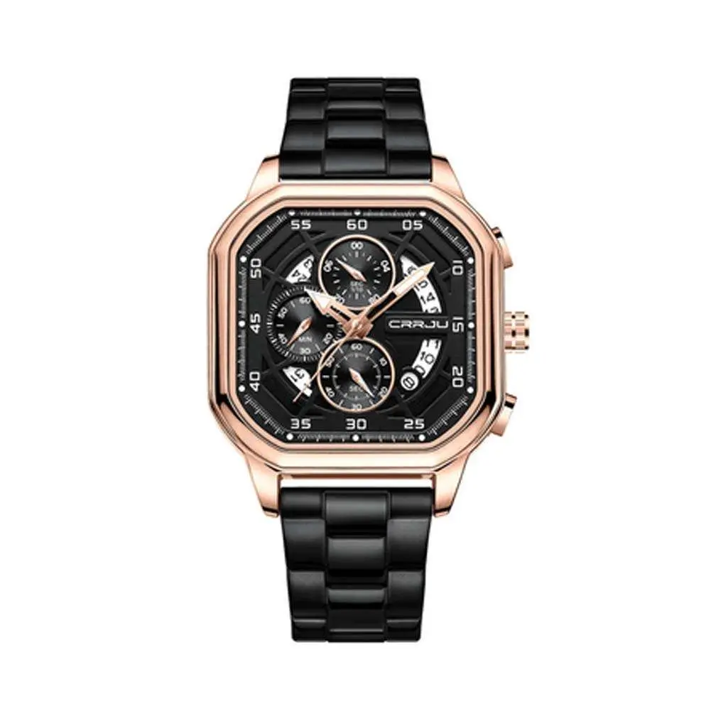 CRRJU 2314 Stainless Steel Square Dial Quartz Luxury Fashion Men's Watch – Dial Color: Rose Gold, Strap Color: Black – View 1