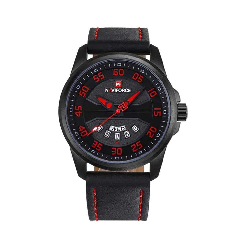 Naviforce NF9124 Luxury Leather Strap Quartz Analog Casual Style Fashion Men's Watch – Dial Color: Red, Strap Color: Black – View 1