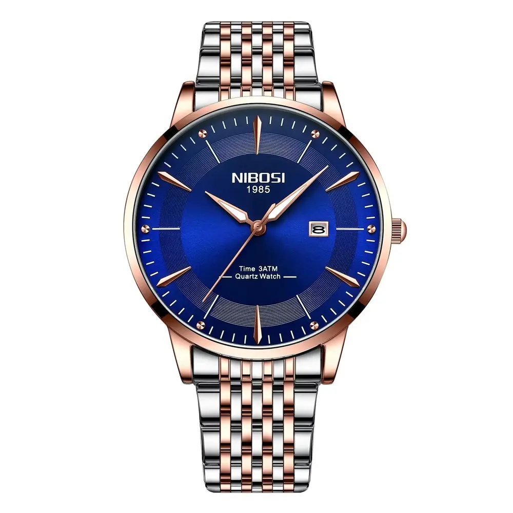 Nibosi 2525 Classic Stainless Steel Analog Fashion Men's Watch – Dial Color: Navy Blue, Strap Color:  Brown  – View 1