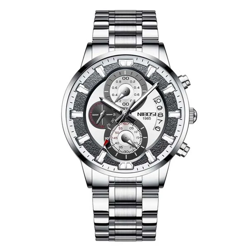 Nibosi 2382 Luxury Stainless Steel Waterproof Men's Watch – Dial Color: White, Strap Color: White – View 1