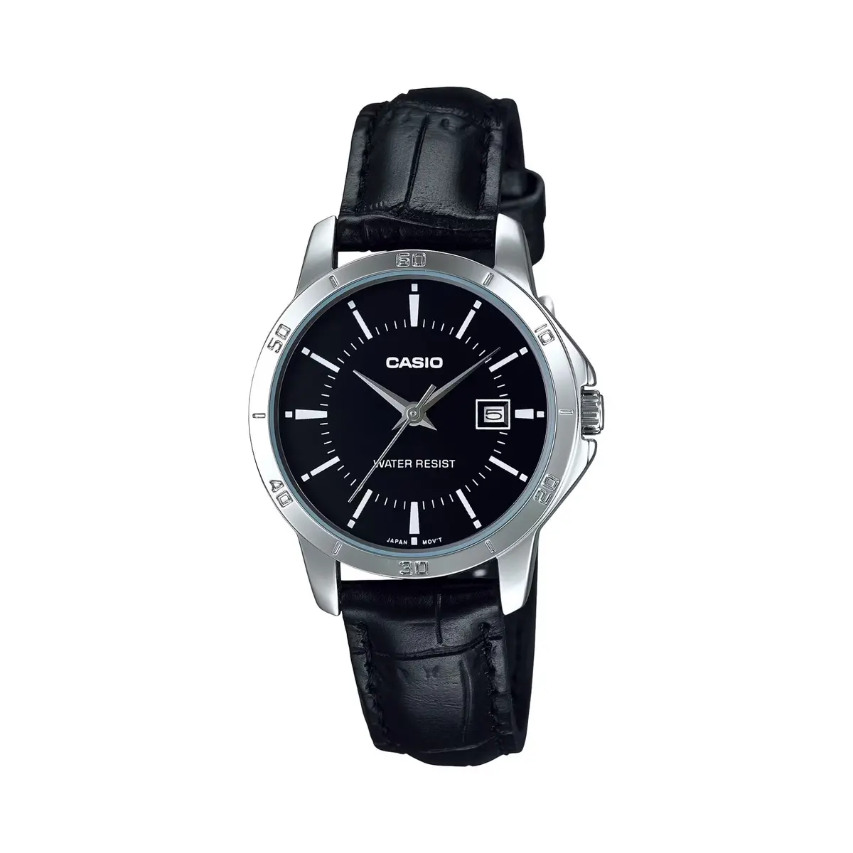 CASIO LTP-V004L-1AUDF Classic Leather Strap Stainless Steel Women's Analog Quartz Watch – Dial Color: Black, Strap Color: Black – View 1
