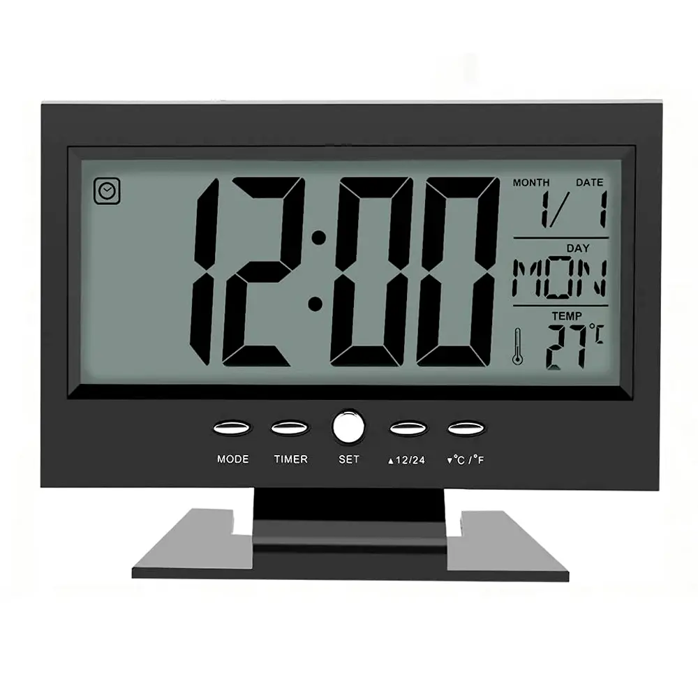 Digital table clock Voice Control LED Snooze Alarm Clock – Color: Black – View 1
