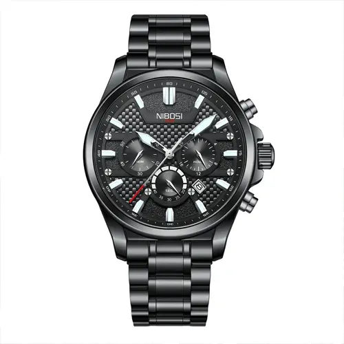 Nibosi 2512 High Quality Stainless Steel & Multifunction Chronograph Men's Watch – Dial Color: Black, Strap Color: Black – View 1