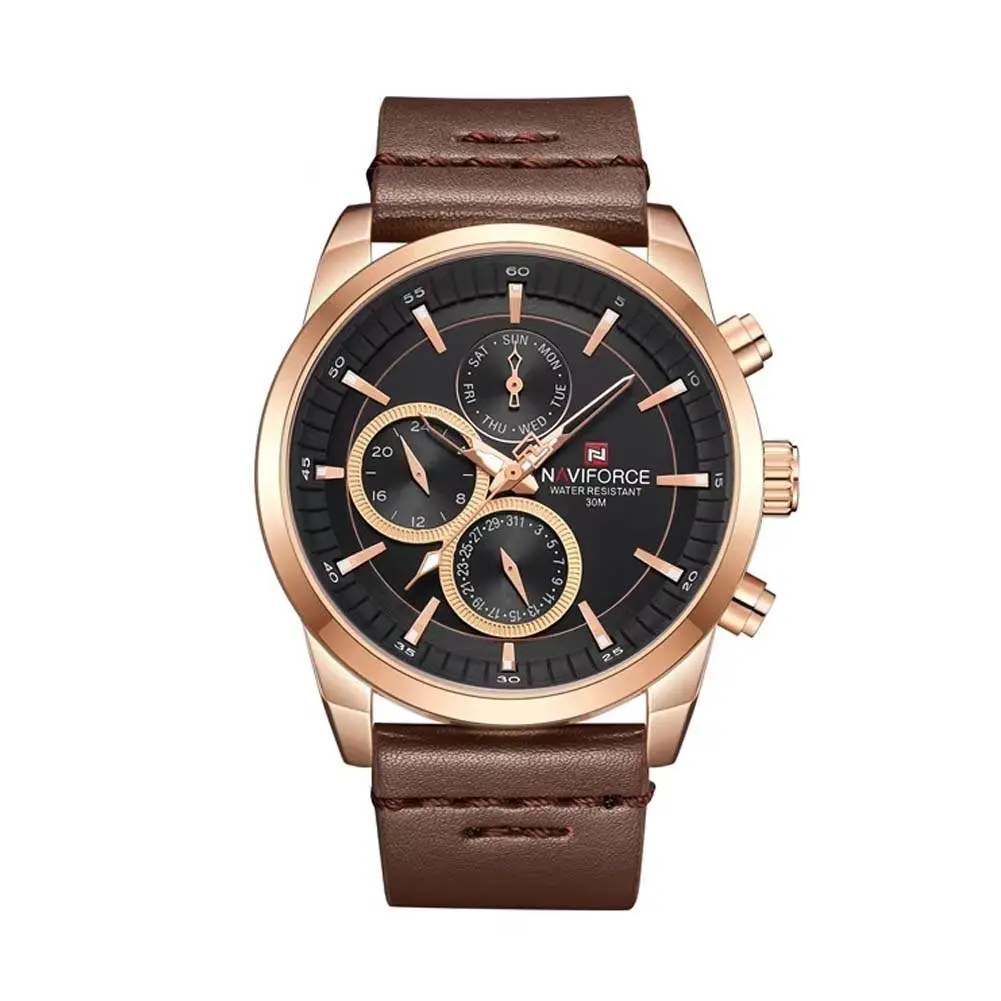 Naviforce NF9148 Custom Luxury Leather Strap Quartz Casual Men's Watch – Dial Color: Rose Gold, Strap Color:  Brown  – View 1