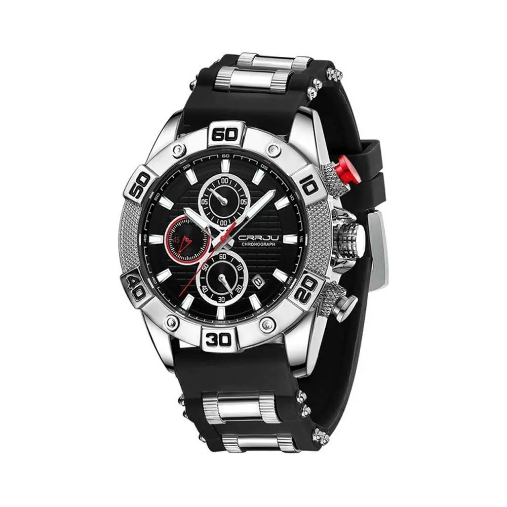 CRRJU 2291 Comfortable Silicone Strap Quartz Rugged Construction Sport Men's Watch – Dial Color: Silver, Strap Color: Black – View 1