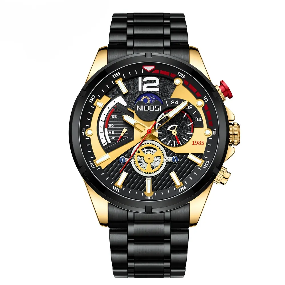 NIBOSI 2397 Luxury Stainless Steel Analog Men's Watch – Dial Color: Black Gold, Strap Color: Black – View 1
