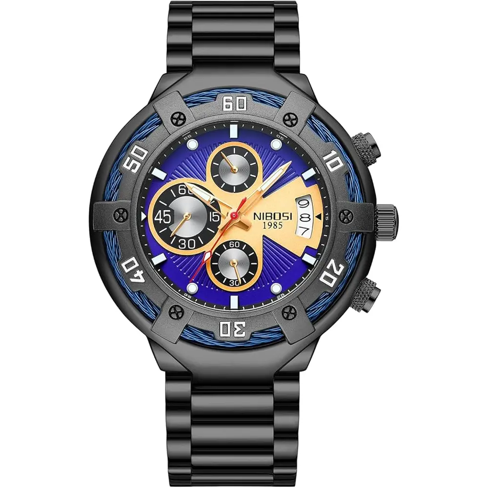 Nibosi 2577 Multifunctional Stainless Steel Fashionable Chronograph Analog Men's Watch – Dial Color: Purple, Strap Color: Black – View 1
