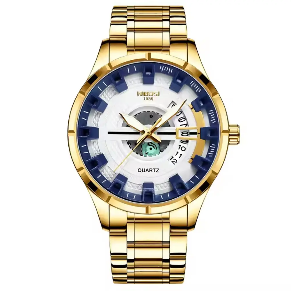 Nibosi 2383 Multifunctional Stainless Steel Fashionable Chronograph Analog Men's Watch – Dial Color: White, Strap Color: Gold – View 1