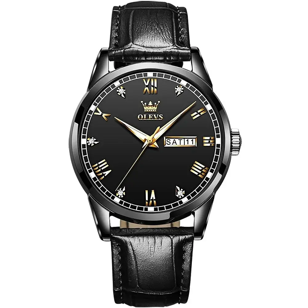 OLEVS 6896 Business Leather Strap Diamond Studded Gold Dial Waterproof Analog Wristwatch  – Dial Color: Black, Strap Color: Black – View 1