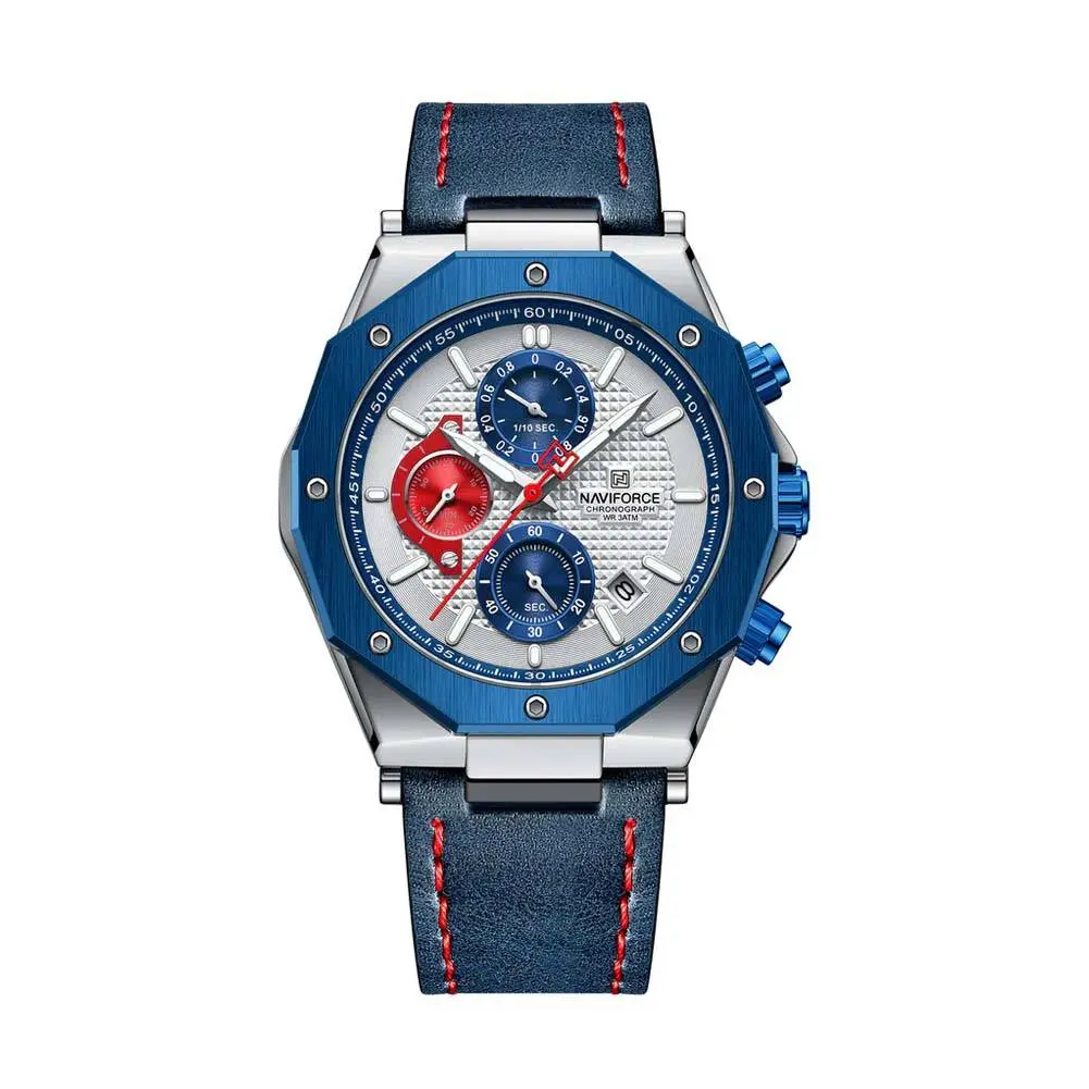 Naviforce NF8028 Luxury Genuine Leather Straps Chronograph Sports Men's Watch – Dial Color: White, Strap Color: Blue – View 1