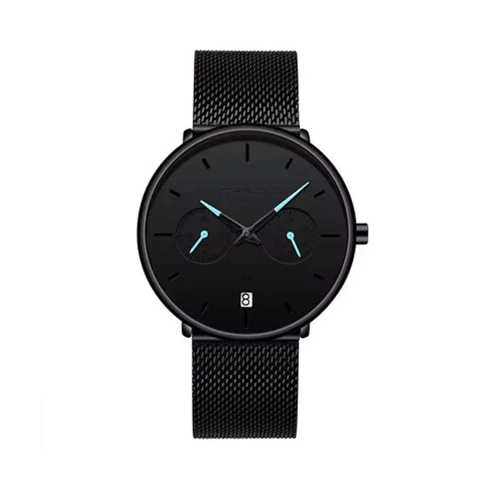 CRRJU 2162 Ultrathin Mesh Stainless Steel Band Business Fashion Men’s Watch – Dial Color: Black, Strap Color: Blue – View 1