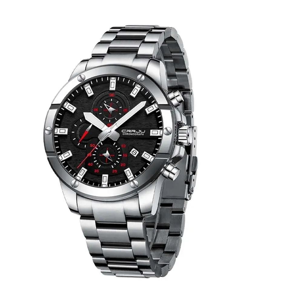 CRRJU 2296 High Quality Stainless Steel Multifunctional Analog Quartz Classic Men's Watch – Dial Color: Red, Strap Color: Black – View 1
