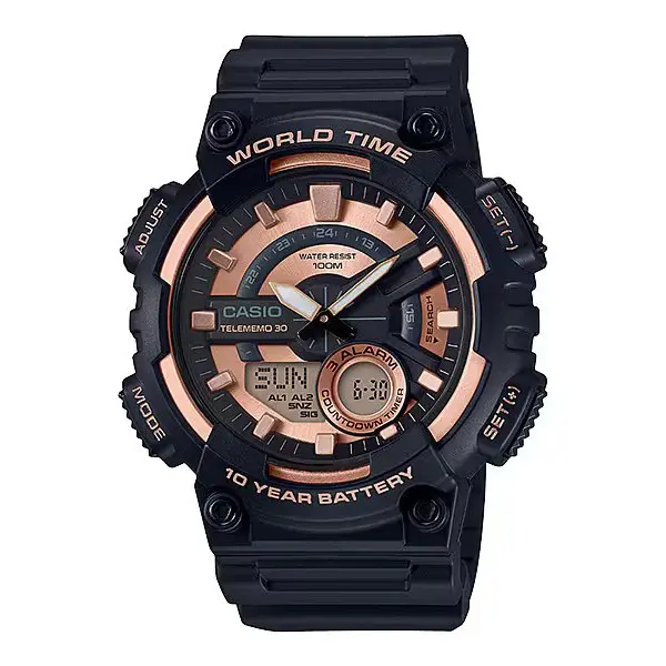 Casio AEQ-110W-1A2V Youth Telememo World Time Analog-Digital Sports Watch  – Dial Color: Bronze, Strap Color: Black – View 1