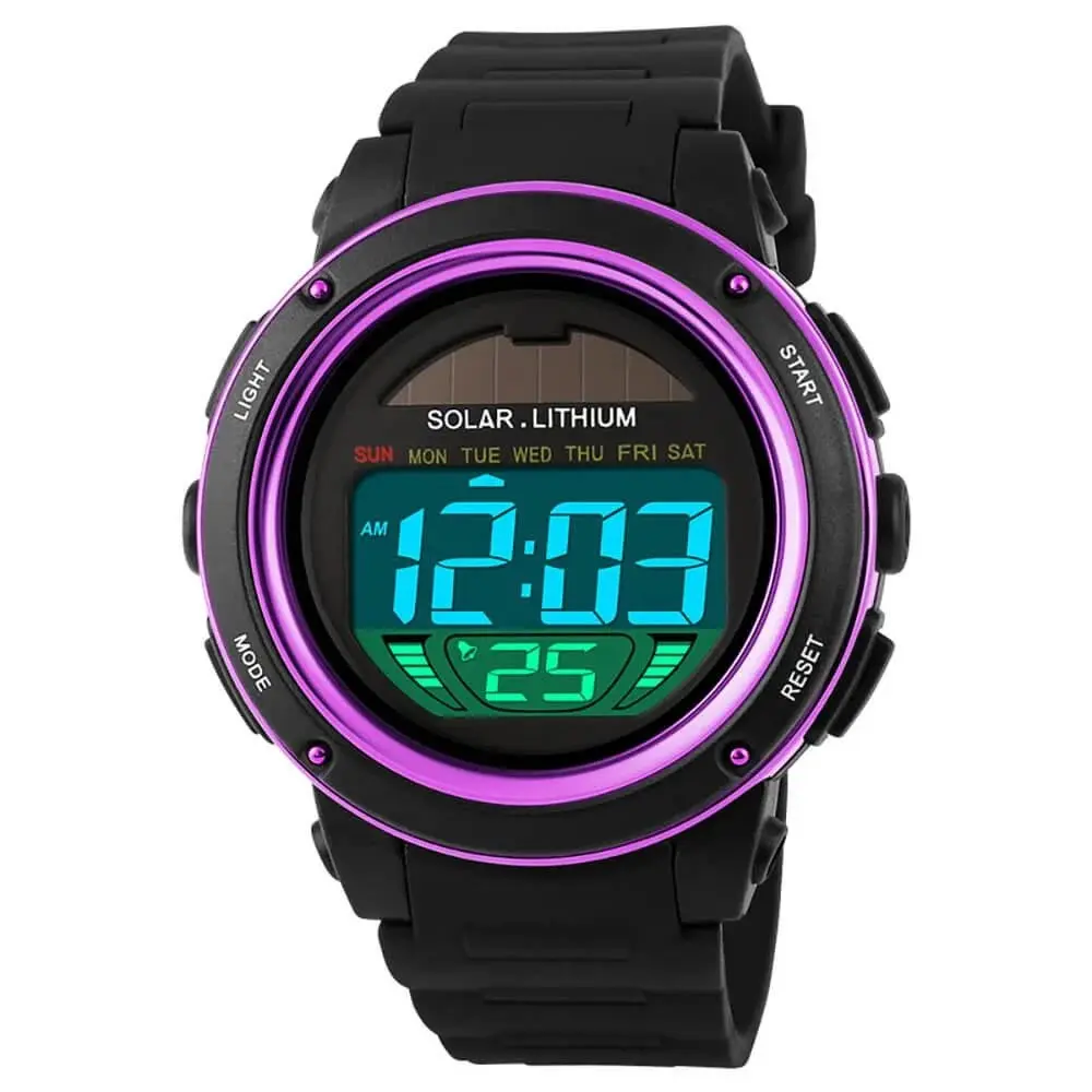 SKMEI 1096 Solar Powered Digital Sporty PU Leather Men's Watch – Dial Color: Black, Strap Color: Pink – View 1