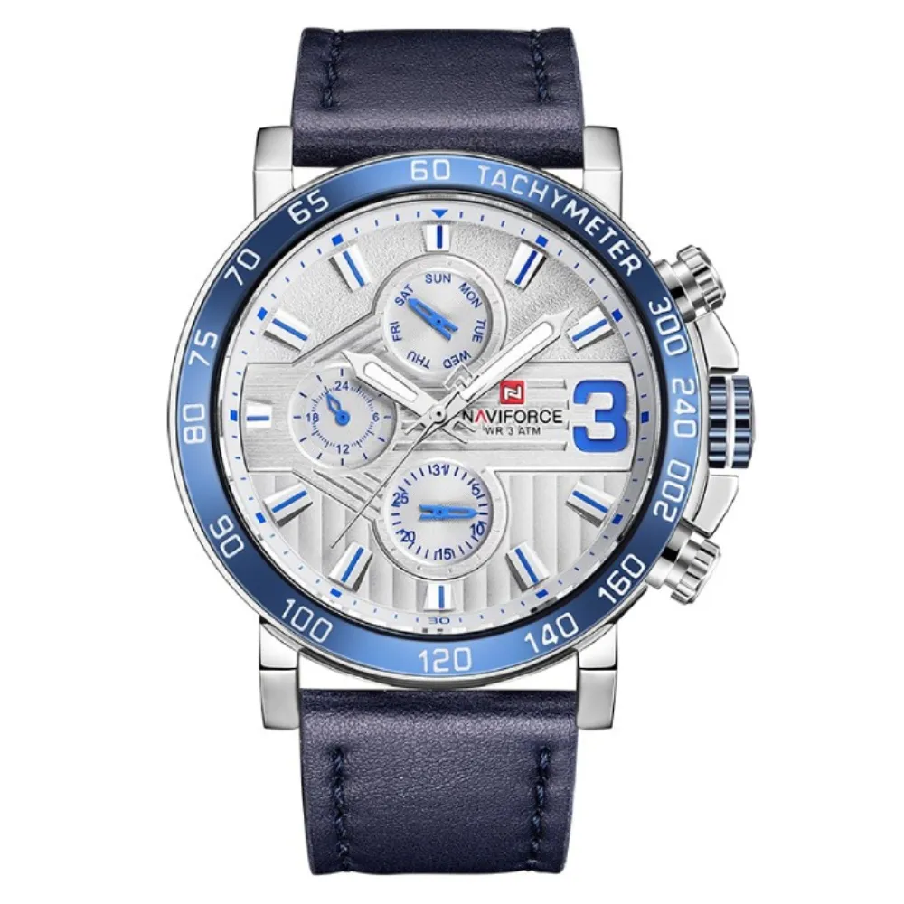NAVIFORCE 9137 Sports Leather Wrist Strap Analog Quartz Men’s Watch – Dial Color: Silver, Strap Color: Blue – View 1