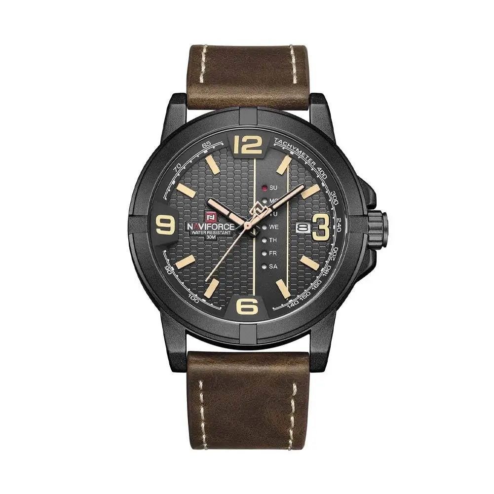 Naviforce NF9177 Top Quality Leather Strap Creative Calendar Unique Fashion Men's Watch – Dial Color: Black, Strap Color:  Brown  – View 1