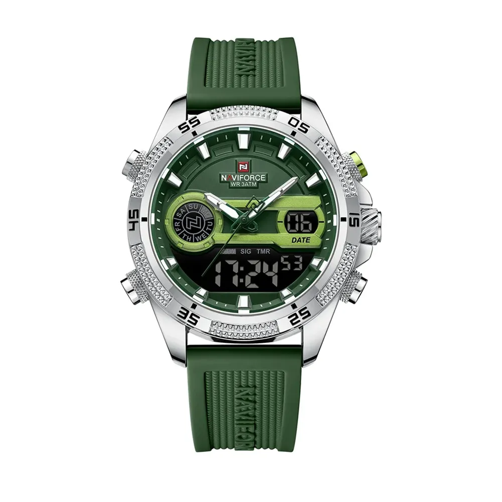 Naviforce 9223 Stainless Steel Dual Movement Military Sport Men's Watch – Dial Color: Green, Strap Color: Green  – View 1