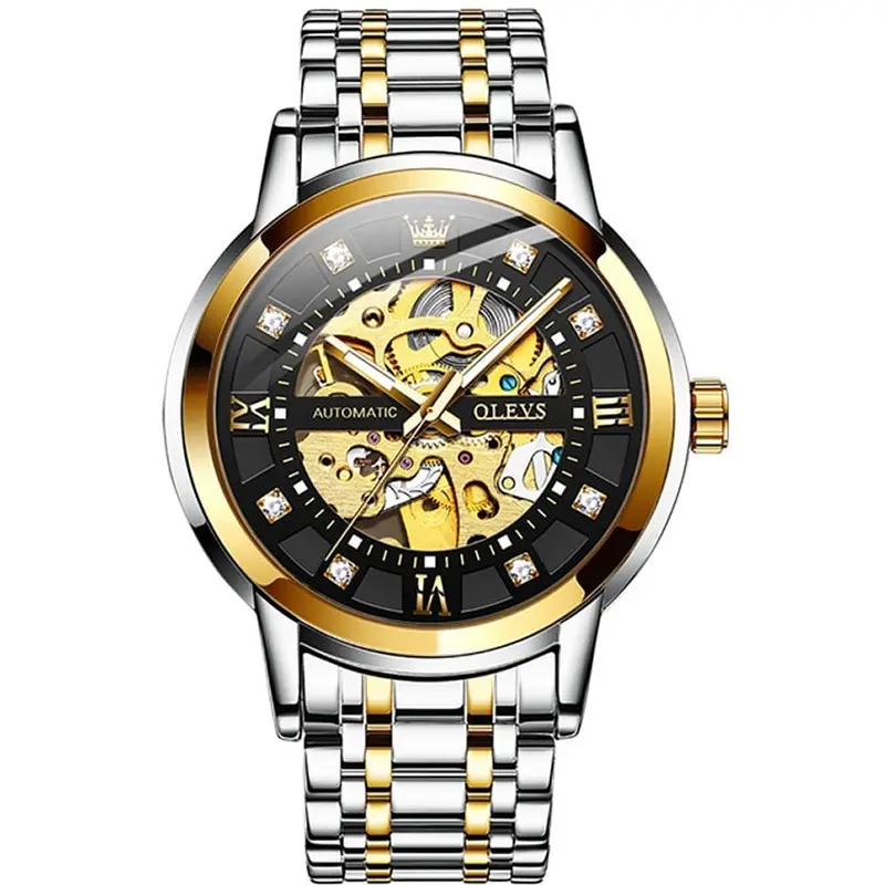 Olevs 9901 Diamond Hour Marker Stainless Steel Hollow Mechanical Men's Watch – Dial Color: Black Gold, Strap Color: White Gold – View 1