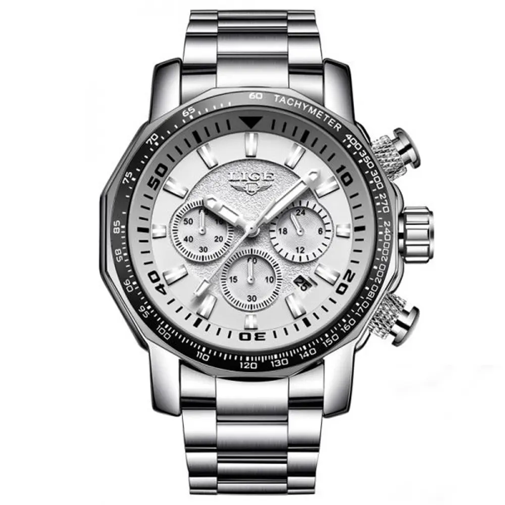 LIGE 9871 Stainless Steel Analog Quartz Casual Men's Watch – Dial Color: White, Strap Color: White – View 1