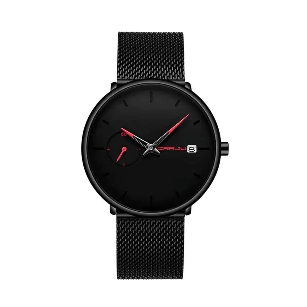 CRRJU 2258 Effortless Sophistication High Quality Black Stainless Steel Simple Casual Men's Watch – Dial Color: Red, Strap Color: Black – View 1