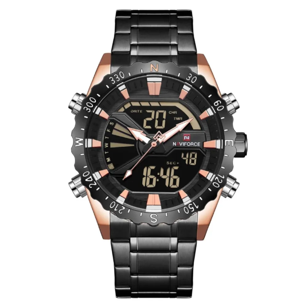 NAVIFORCE NF9136 Stainless Steel Dual Time Men's Watch – Dial Color: Rose, Strap Color: Black – View 1