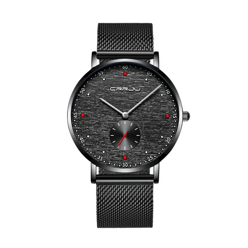 CRRJU 2163 Minimalist Stainless Steel Multifunctional Analog Quartz Men's Watch – Dial Color: Black, Strap Color: Black – View 1